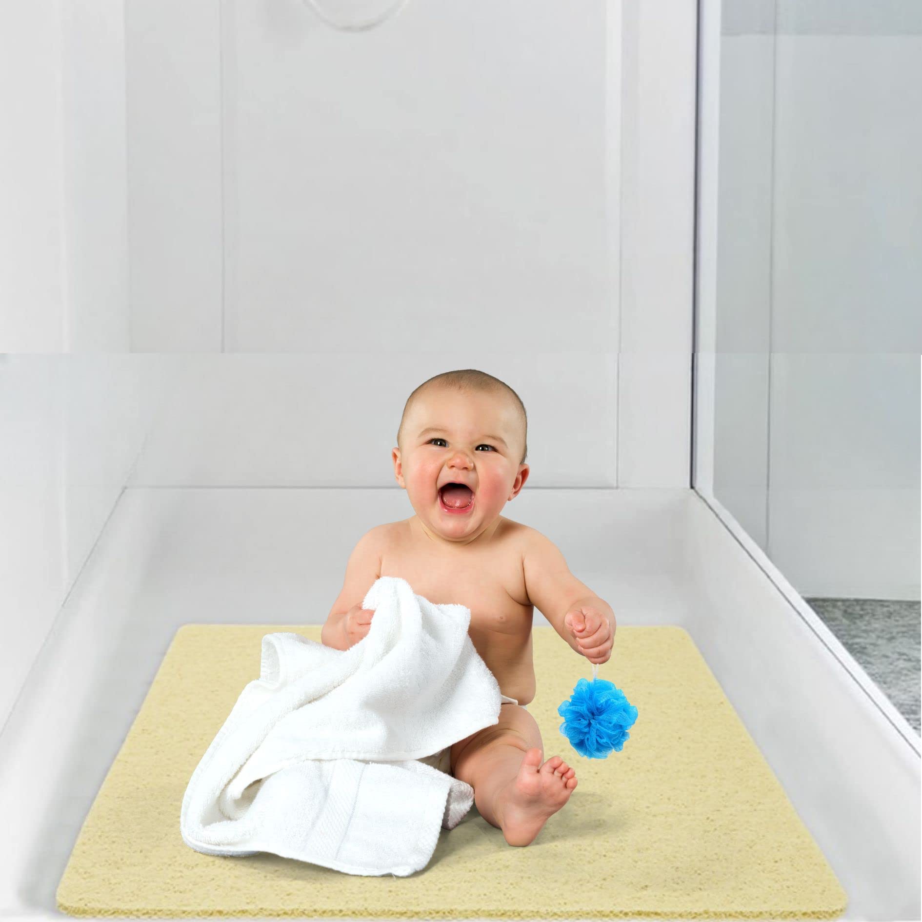 Idyfodol Loofah Shower Mat non Slip Anti Mould with Shower Puff - Machine Washable Bath Mats for Inside Shower, Tub, Kitchen and Outdoor- 60×60 cm (Beige, Square Large)