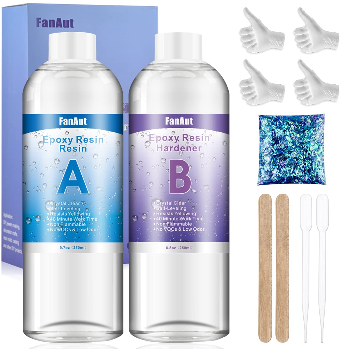 FanAut 18.5 Ounce Epoxy Resin Crystal Clear for Art, Crafts, Tumblers, Casting and Jewelry Making with 2 Droppers, 2 Sticks,2 Pair Gloves and 1 Pack of Resin Glitter: Industrial & Scientific