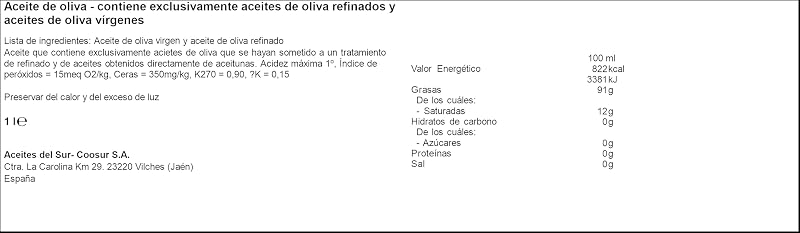 - Aceite de Oliva - Libre de alérgenos - Botella 1 L