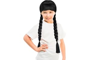 Yilloog 1 Pcs Black Braided Wig for Kids Halloween Costumes Women Girl Pigtail Wig with 2 Black Bow Elastic Hair Ties Long Synthetic Braided Wig for Halloween Cosplay Party (Bangs)