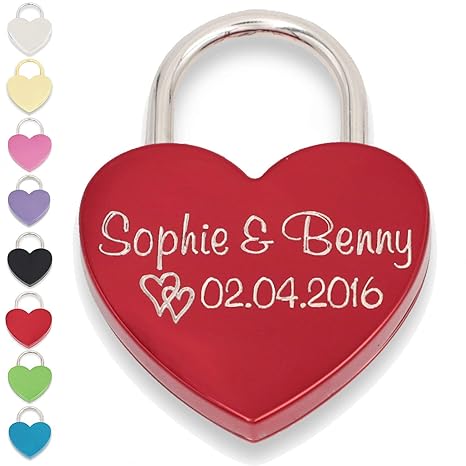Liebesschloss Herzschloss rot mit Gravur und Schlüssel (Vorderseite, rot)