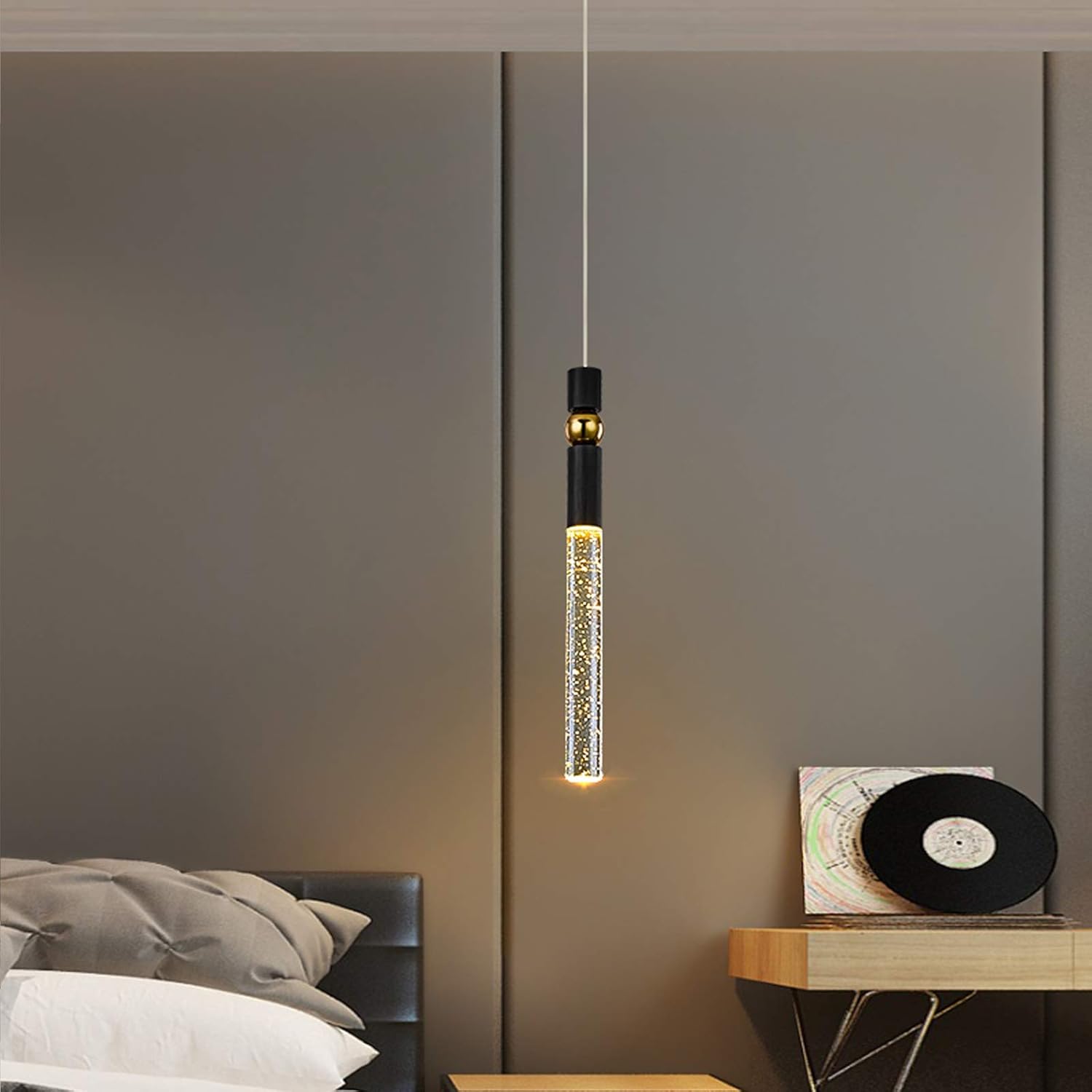 JoollySun Modern Pendant Light Fixtures - Mini LED Hanging Lighting with Seeded Crystal Cylinder for Kitchen Island Dining Room Bedroom Warm White 3000K - Black Gold - - 