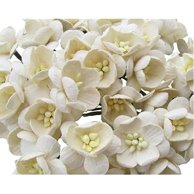 RATREE SHOP 50 Pcs Cherry Blossom Ivory Mulberry Paper Flower 25 mm Scrapbooking Wedding Doll House Supplies Card Project, Products From Thailand