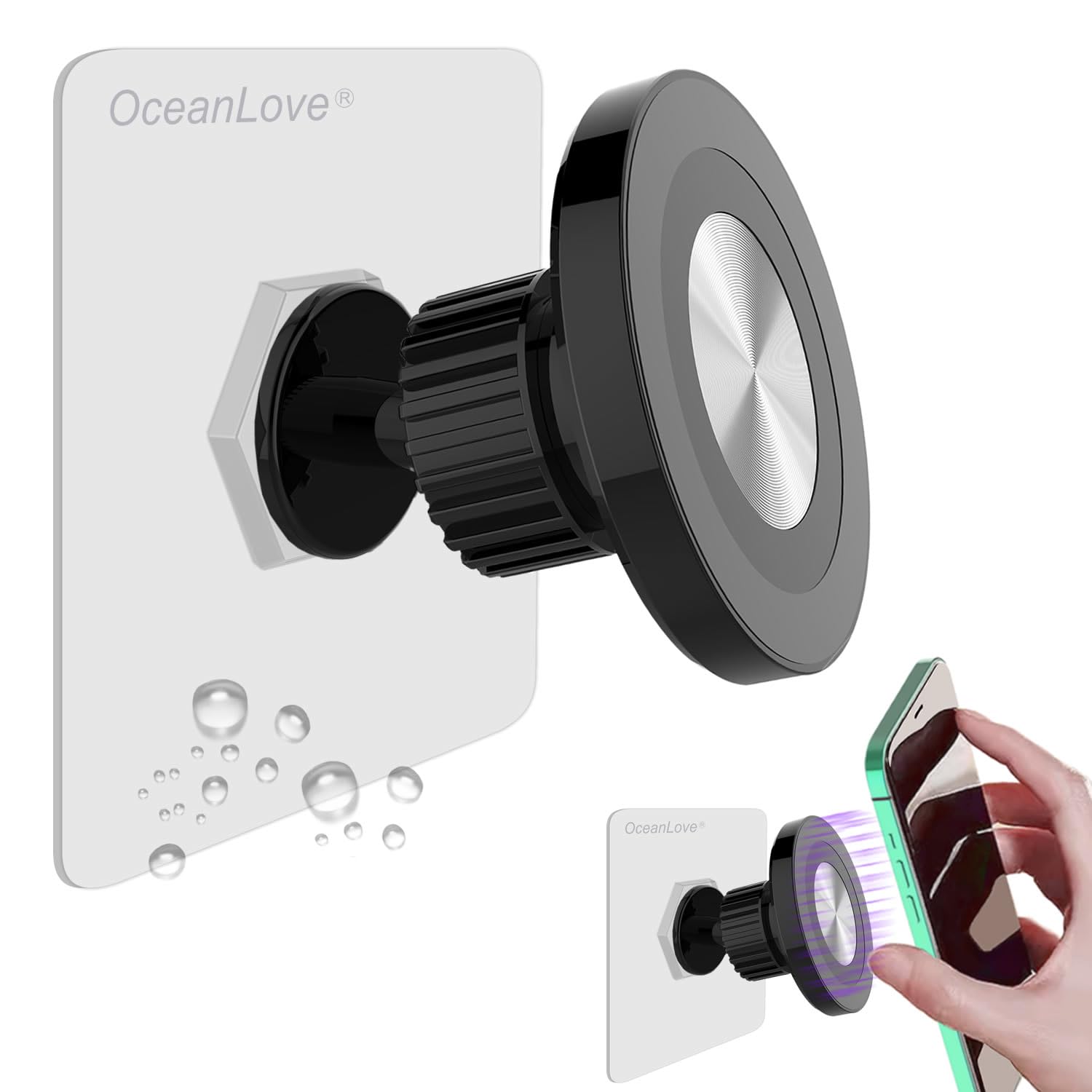 OCEANLOVE for MagSafe Wall Mount Magnetic Phone Holder, Self-Adhesive, 360 Rotatable, Waterproof, Compatible with iPhone 17/16/15/14/13/12,All Phones, Shower Mirror Car Glass Bathroom Kitchen(Black)