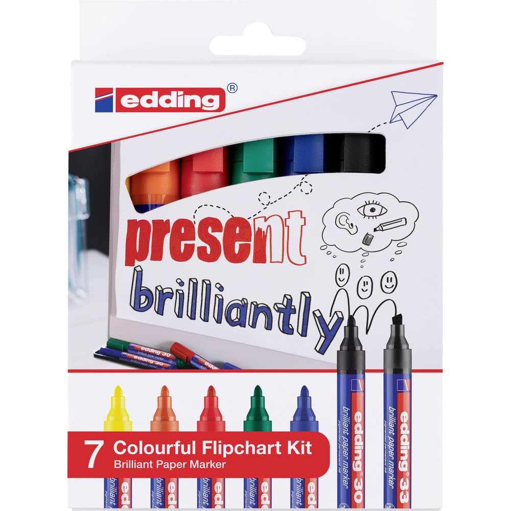 edding Colourful Flipchart Kit - flipchart pens - set of 7 - bright, vibrant colours - no bleed-through on paper - for sketchnoting at visual meetings - flipchart pens in assorted colours