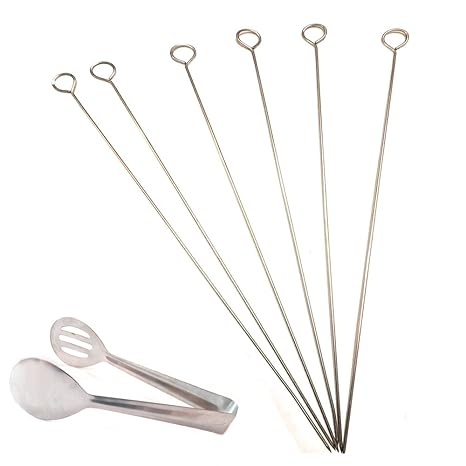 Kash-Vi Skewers For Tandoor Grill Bbq Steel Needles 20.1 Inches, 6 Number Along With Steel Service Tong (20Cm)
