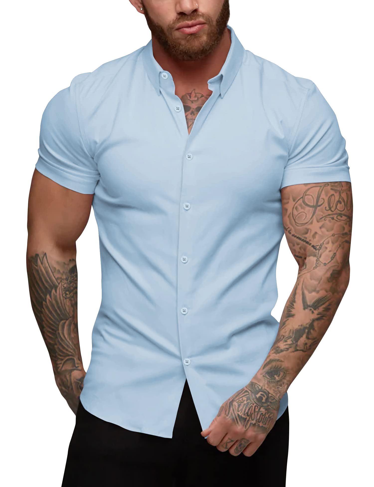 Photo 1 of URRU Men's Muscle Dress Shirts Slim Fit Stretch Short Sleeve Casual Button Down Shirts for Men Light Blue XL