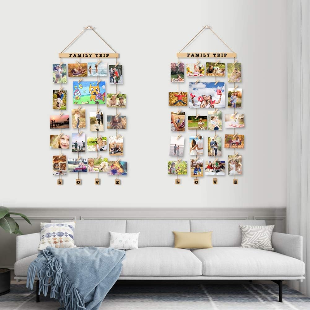 MOVEONSTEP Set of 2 Hanging Photo Display with 40 Clips Photo Display Board for Hanging Prints DIY Wood Picture Frames Collage for Home Decoration (2 Sheets Alphabet & Number Stickers) - Image 4