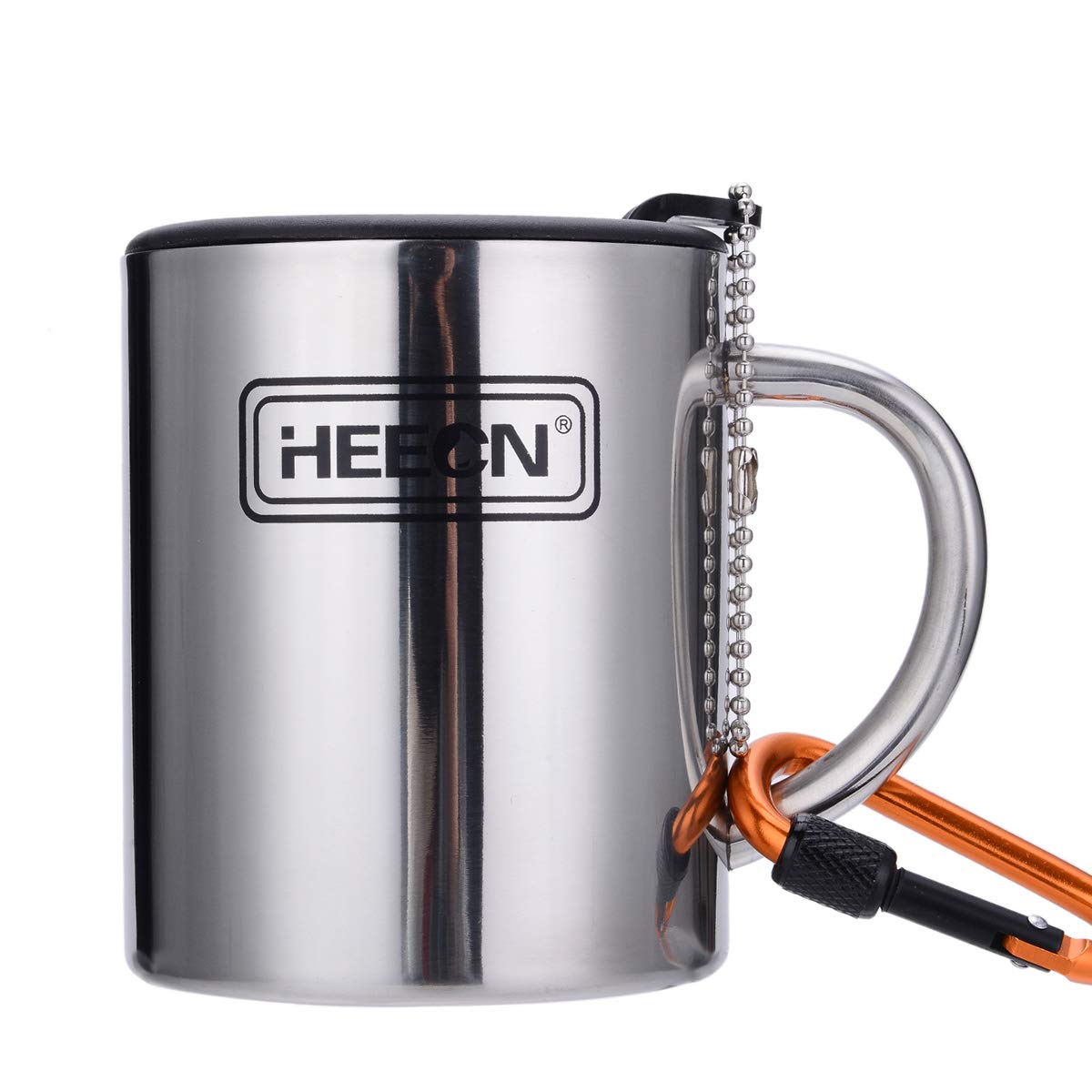HEECN Camping Mugs - Double Walled Stainless Steel Mug for Hot Drinks with Lid and Carabiner - Backpacking - Trekking - Hiking - HESS038BBK300