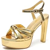 Amoji Womens 4 Inch Platform Heels Braid Knot Chunky High Heeled Sandals 322 Gold Size 9 women