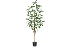 SOGUYI Artificial Eucalyptus Tree 4ft Tall Fake Tree for Home Decor Indoor Faux Silk Tree Natural Wood Trunk Fake Floor Plant for Living Room, Bedroom and Home Office Corner Indoor Decor, Set of 1