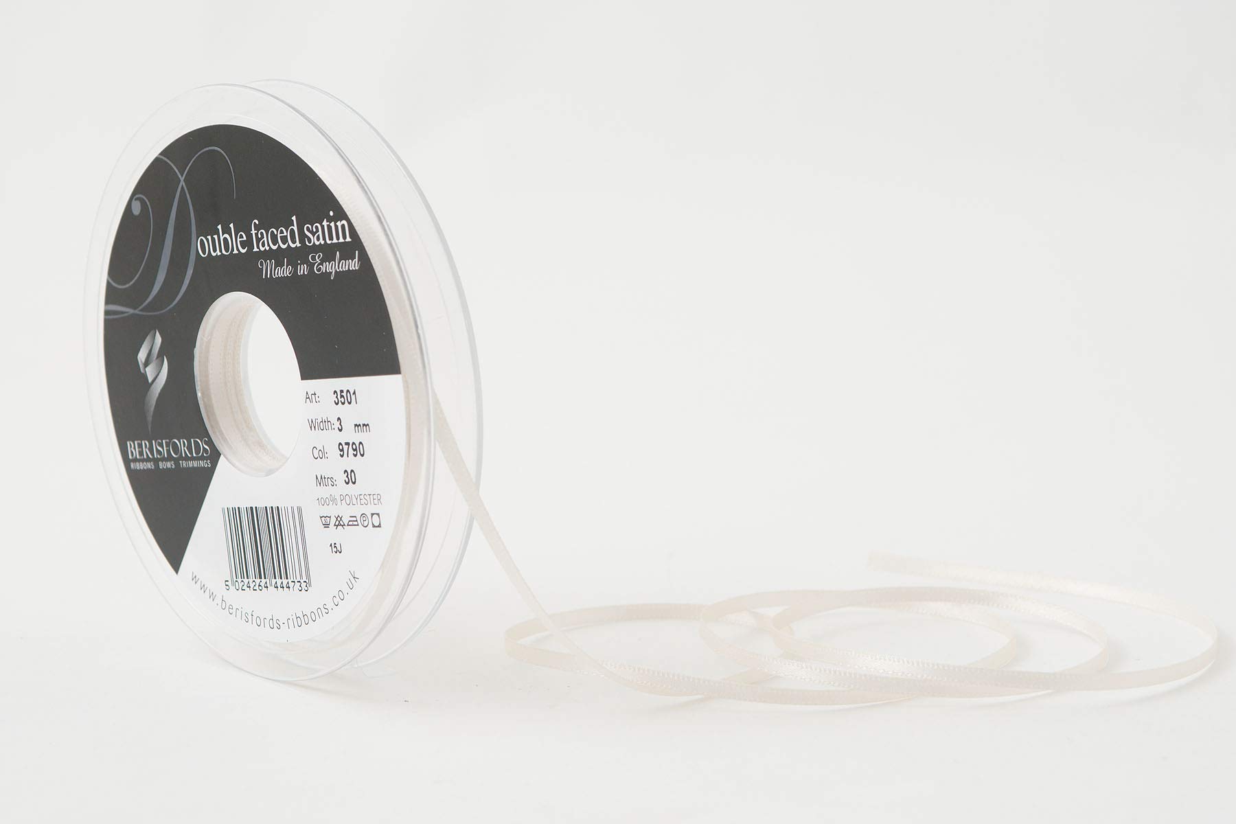 Berisfords Double FACE Poly Satin Ribbon, Pearl, 3 mm