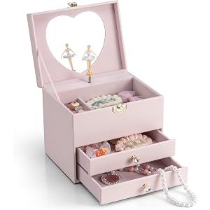 VLANDO 3 Layer Musical Jewelry Box for Girls, 2 Large Drawers Storage | Rotating Dancer Plays Canon Melody,Top Dividers Store