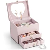 VLANDO 3 Layer Musical Jewelry Box for Girls, 2 Large Drawers Storage | Rotating Dancer Plays Canon Melody,Top Dividers Store Treasures,Sparkly Rhinestone Pull Knobs,Birthday Christmas Gift