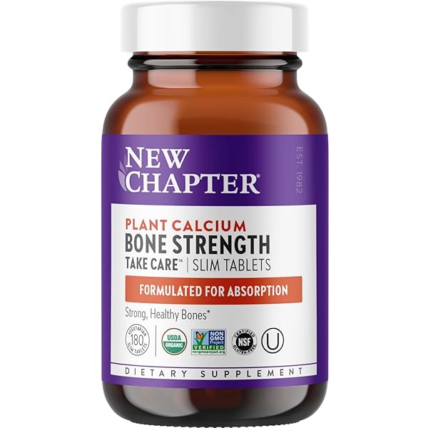 NEW CHAPTER CALCIUM SUPPLEMENT – BONE STRENGTH ORGANIC CALCIUM WITH MAGNESIUM, VITAMIN D3+K2, 70+ TRACE MINERALS FOR BONE HEALTH, GLUTEN FREE, EASY TO SWALLOW SLIM TABLETS – 180 COUNT