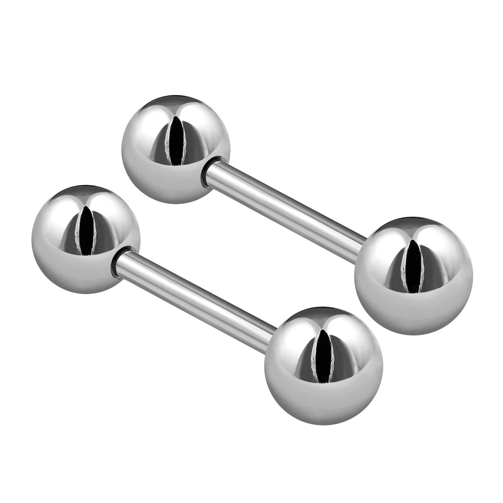 KJM FASHION 2PCS Stainless Steel Stud Barbell Tongue Rings 14 Gauge 1/2 12mm 6mm Ball Nipple Bars Piercing Jewellery 2502
