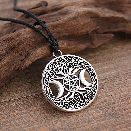 HANDMADE JEWELLERY - Stainless Steel Viking Triple Moon Goddess Wicca Pentagram Magic Amulet Necklace Women tree of life moon necklaces pendants (Silver)