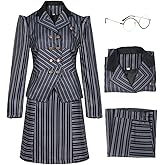 Danvato Elphaba Costume Striped Uniform Dress with Glasses Witch Dress Wizard Suit Halloween Cosplay Outfit for Women