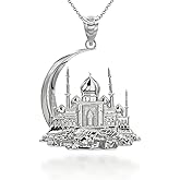 Claddagh Gold 925 Sterling Silver Crescent Moon And Mosque Islamic Charm Pendant Necklace with Rolo Chain and Pendant only