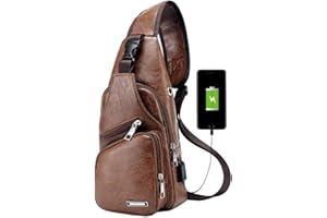 Hebetag PU Leather Sling Crossbody Bag for Men Women Small Shoulder Pack Cross Body Chest Bags with USB Charging Port Headphone Plug Outdoor Travel Hiking Camping Daypacks Brown