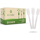 Ecovita 100% Compostable Forks - 500 Large Disposable Utensils (7 in.) Bulk Size Eco Friendly Durable and Heat Resistant Alte