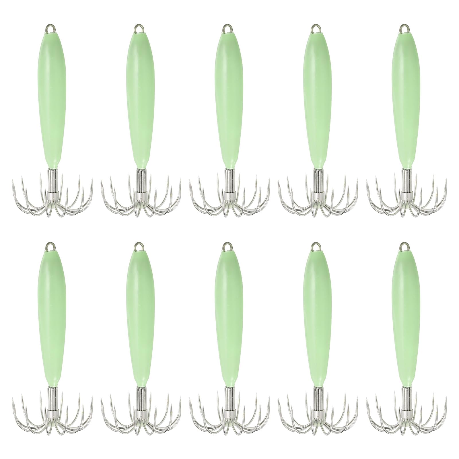 PATIKIL 35g Luminous Squid Jig Hooks, 10 Pcs Cuttlefish Sleeve Saltwater Fishing Lures Bait Jig Glow in Dark with 12 Stainless Steel Needles, Green