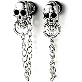 Mens Women Skull Chain Stud Earrings Drop Dangle, Stainless Steel, Screw Back, 2 Pcs
