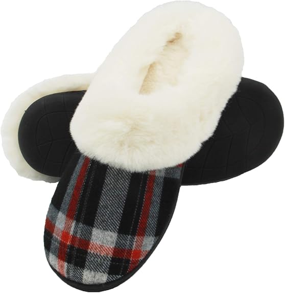 Women's Knitted Fabric Slipper Memory Foam AntiSkid Sole Soft Warm House Slippers w/Faux Fur