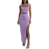 ELLEVEN Two Piece Maxi Skirt Sets for Women, Square Neck Tank Tops with High Side Slit Dress Sets Summer Outfits