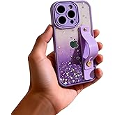 siduater Strap Holder Case for 6.3" iPhone 16 Pro with Wristband Kickstand, Bling Glitter Sparkle Clear Cover Soft TPU Bumper Adjustable Hand Grip Loop for iPhone 16 Pro 6.3 Inch, Lavender Purple