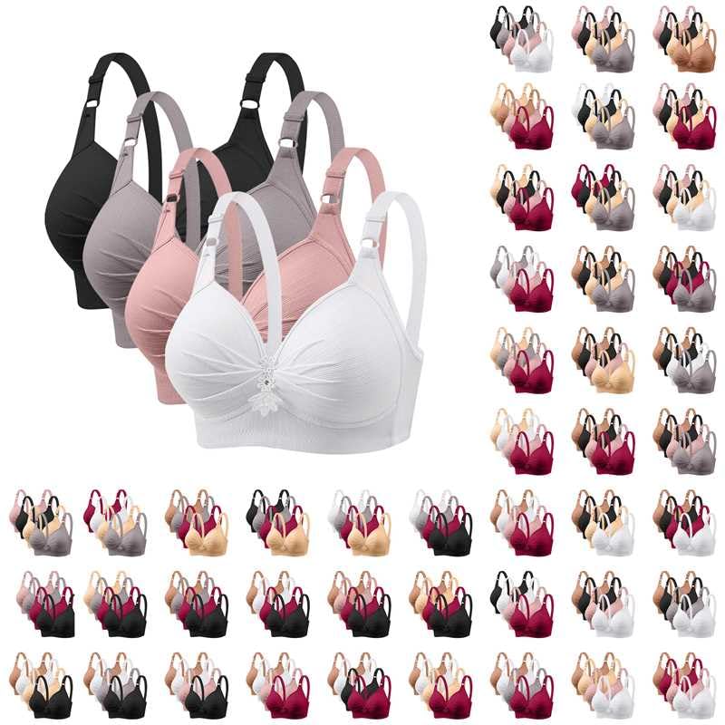 4 Pack Bras for Women Full Support No Underwire Seamless Wireless Everyday Bra Breathable Comfy V Neck Push Up Bras Multicolor