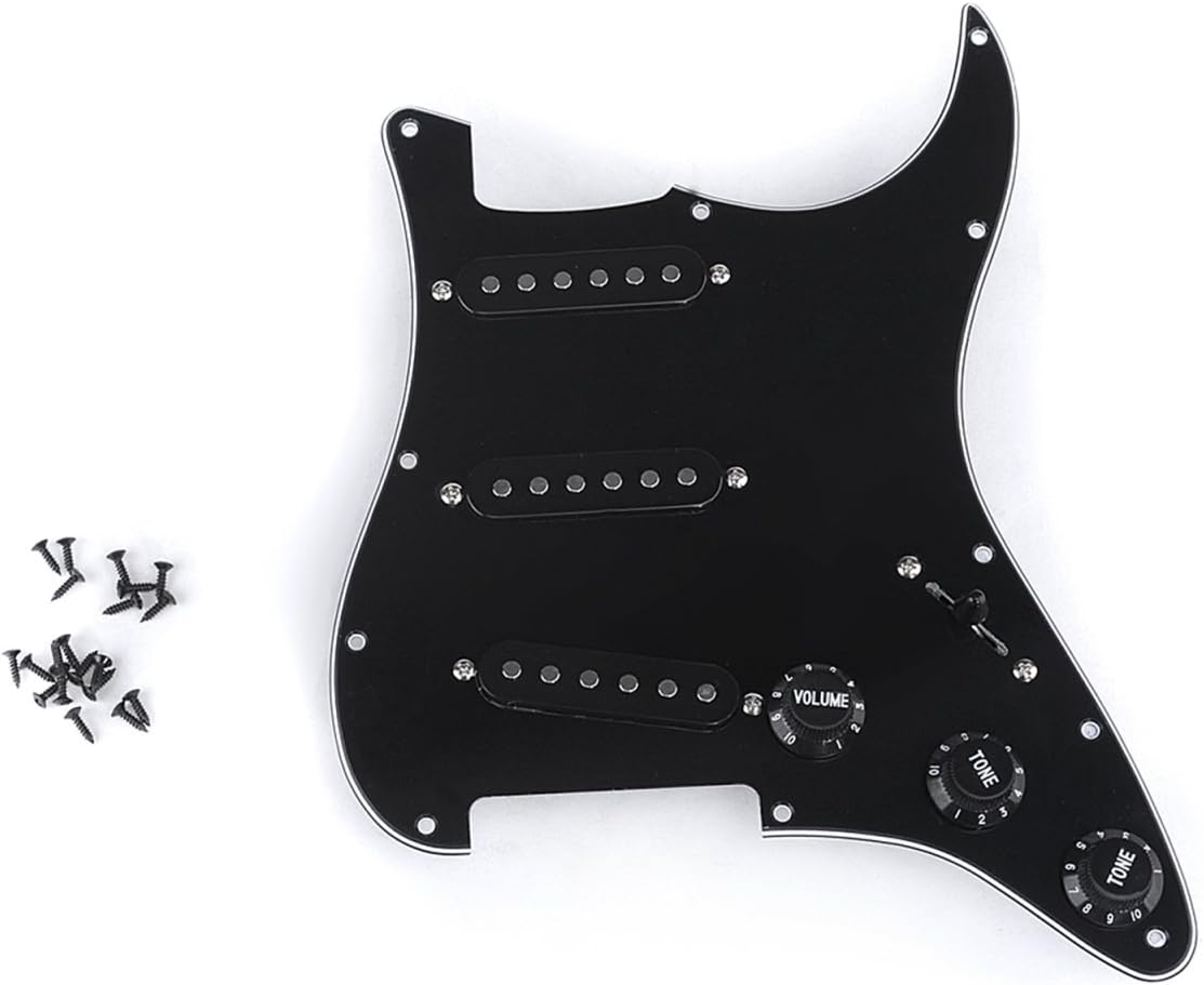 Musiclily Basic SSS Prewired Loaded Pickguard ST Scratch Plate with Ceramic Single Coil Pickups Set for Fender Strat Electric Guitar Replacement 3Ply Black