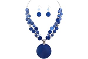 Xalroco Layered Beads Statement Fashion Necklace Chunky Jewelry Set Big Colorful Glass Stone Circle Shell Pendant Choker Necklace and Earring Set for Women