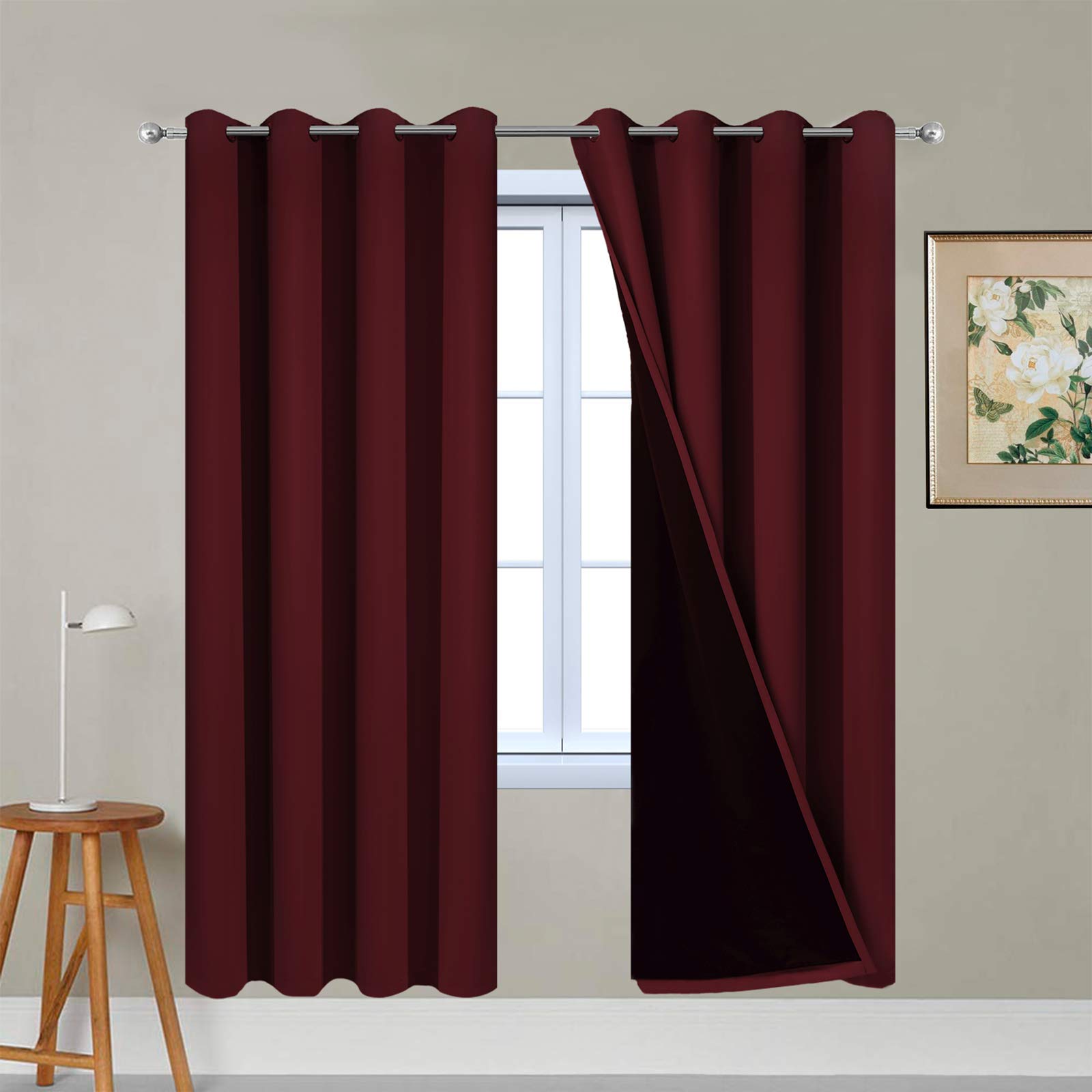Yakamok 100% Blackout Curtains 72 Inches Long, 2 Thick Layers Completely Blackout Window Treatment Thermal Insulated Lined Drapes for Bedroom(Burgundy Red, 52" Width Each Panel, 2 Panels) Image