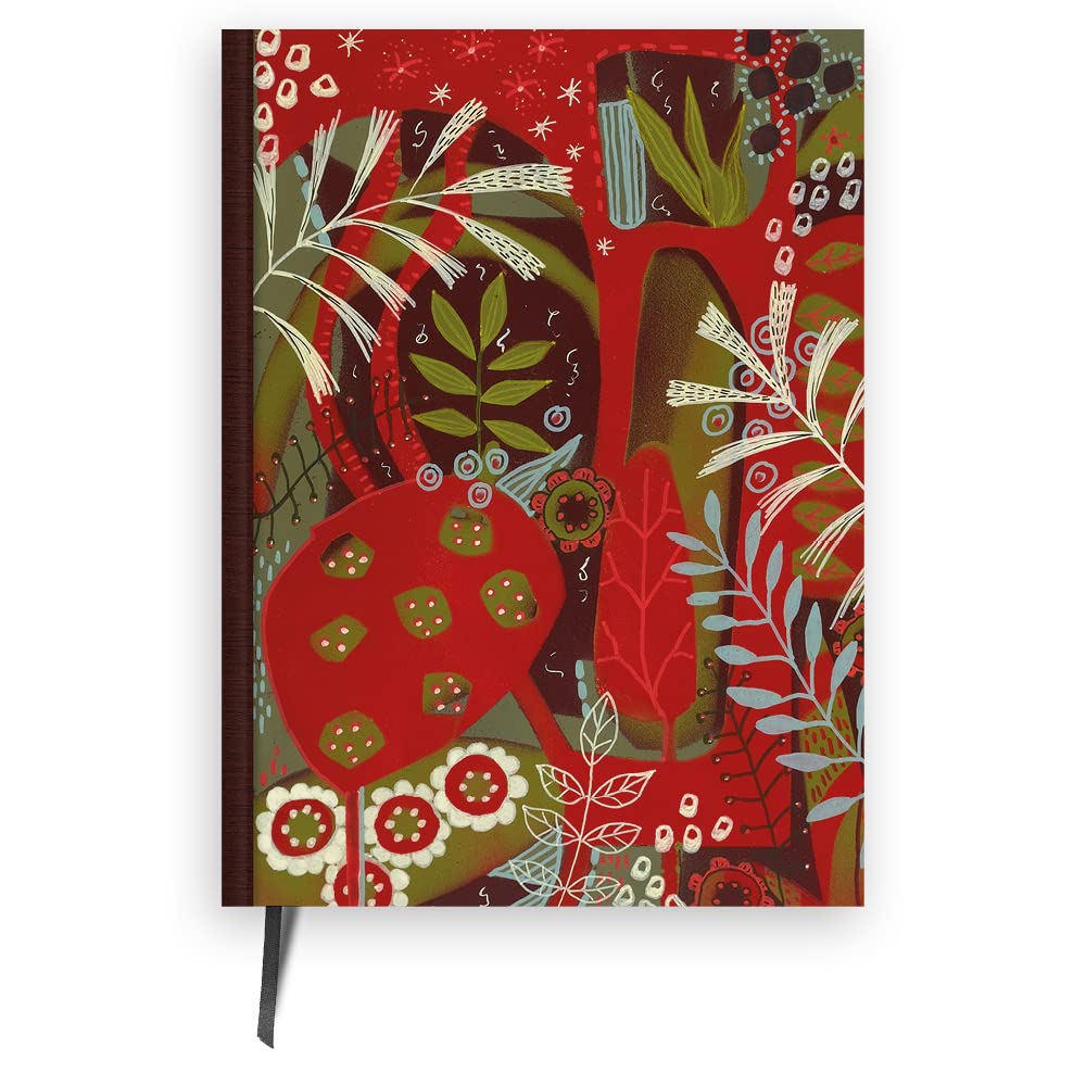 Cauliflower Journals A5 Journal Notebook: Red Floral Botanical Plant Patterned Hardback Cover Diary, Ruled Pages And Divider Ribbon (Red Autumn)