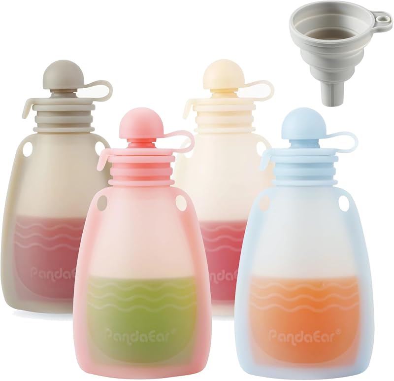 PandaEar 4 Pack Reusable Silicone Baby Food Pouches 5 oz BPA-Free