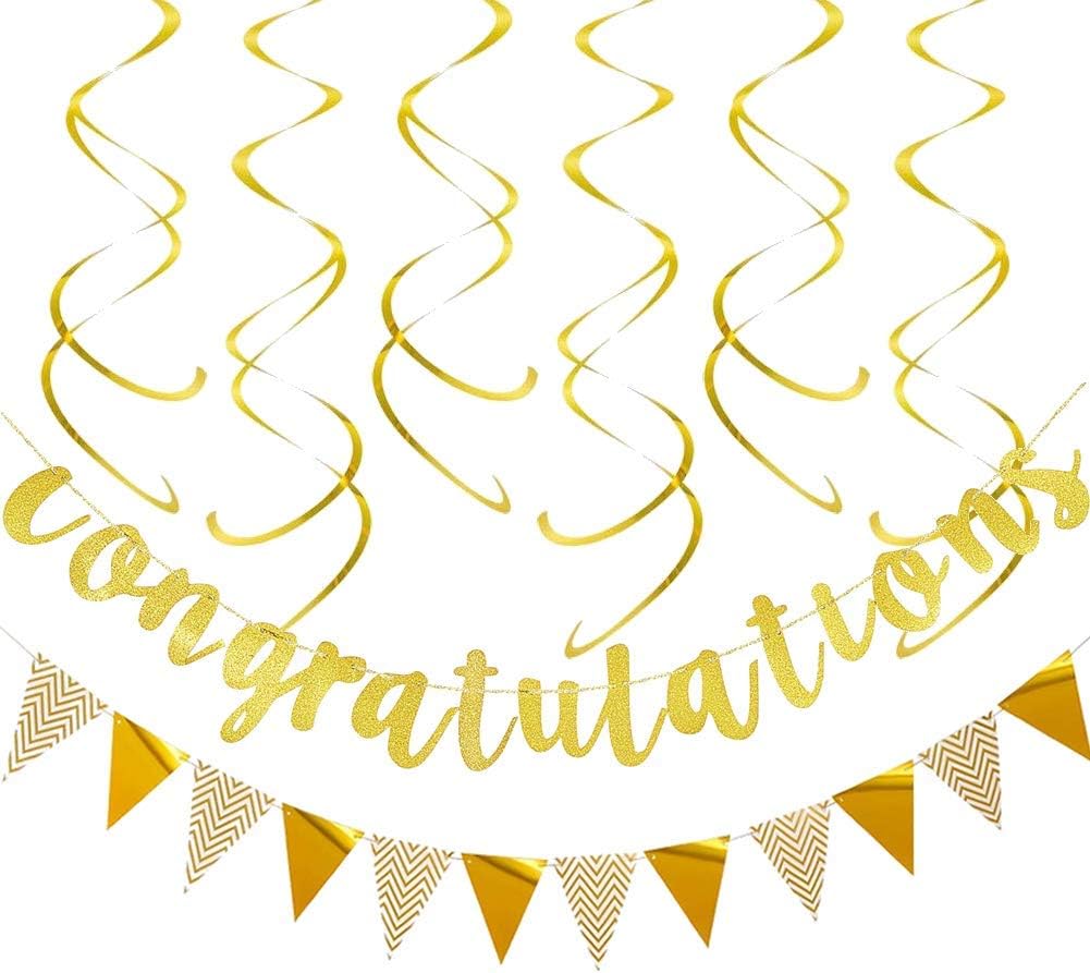 Dusenly Gold Glitter Congratulations Banner Triangle Flag Banner Golden Pennant Garland and Gold Swirls Hanging Decorations for Wedding Bridal Shower and Graduation Party Decoration
