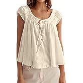 Tankaneo Women Summer Tie Front Tank Tops Cap Sleeve Pleated Babydoll Tops Casual Loose Fit Going Out Flowy Shirt