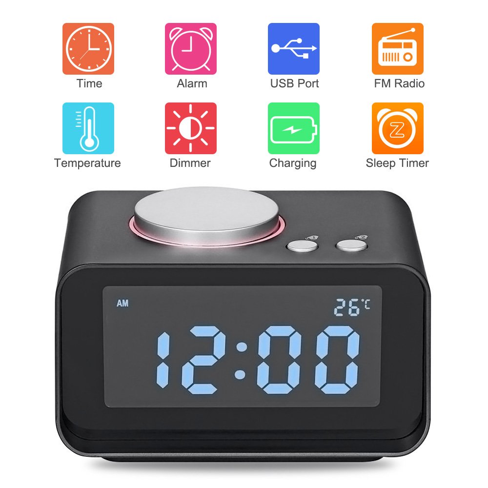 USB Alarm Clock, AKASO Radio Alarm Clock with Snooze Function, 5 Dimmer Brightness, Thermometer, 2 USB Charger Port for iPhone/iPad/iPod/Android and Tablets, Black