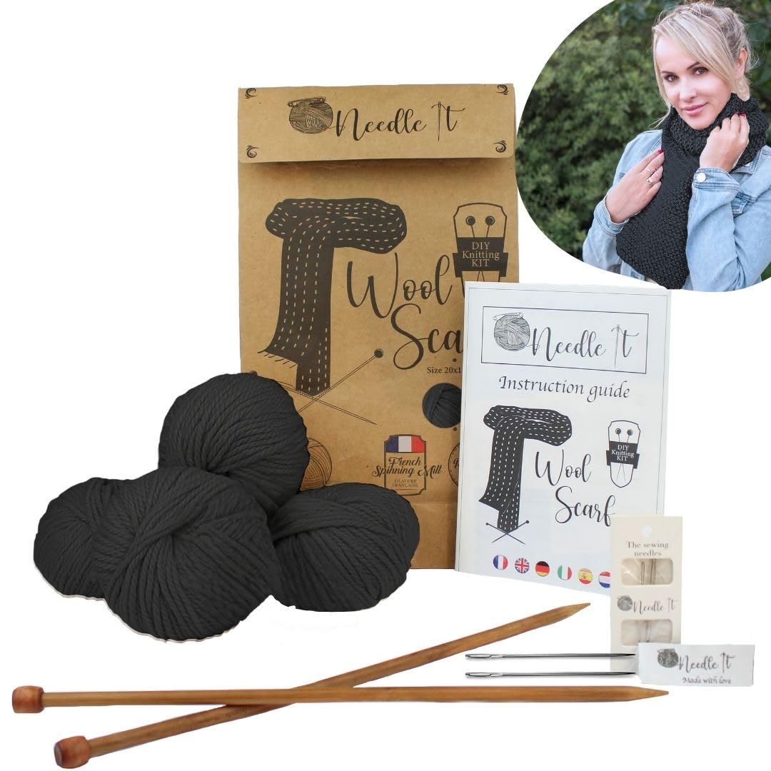 Needle It® - Complete Beginner's Knitting kit with Knitting Needles - Knitting Wool Scarf - Gift Idea (Black)