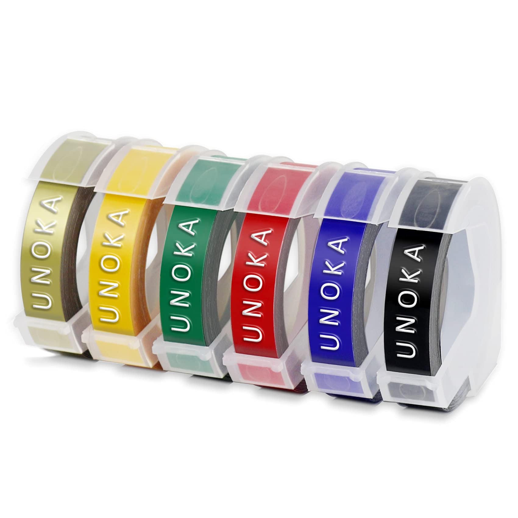 UNOKA Dynamo Label Tape, 9mm Embossing Label Maker Tape Replace for Dymo Omega Refills, White on Black/Blue/Red/Green Yellow/Gold, for Dyno Embossed Machine S0717930 E975 E-303, 6 Pack