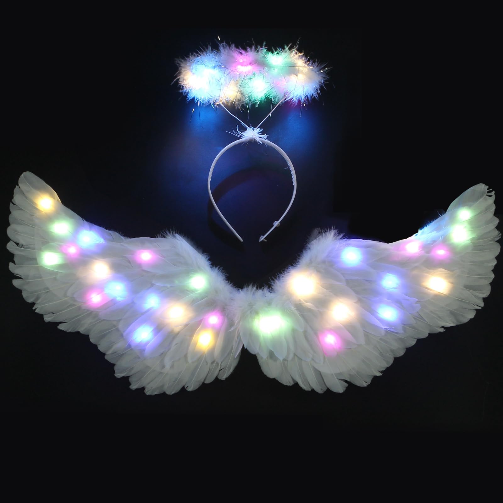 Ptesuply Angel Wings, Light Up Angel Wings and Halo with LED Lights - 3 Light Modes, White Angel Halloween Fancy Dress Costume Christmas Cosplay Party (Large, Colorful)