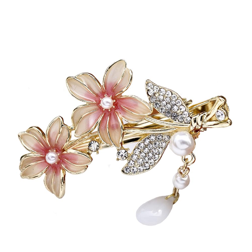 yangzerang Crystal Hair Clips Pearls Alligator Hairpins Small Mini Flower Hair Barrettes Hair Pink Flower Hairpin Shining Hair Accessories for Women and Girls Gold Tone