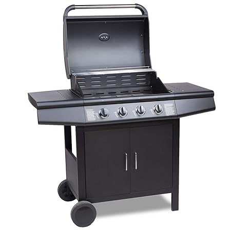 TAINO® Pro Gasgrill BBQ Grill-Wagen 4 Edelstahl-Brenner TÜV Gasbrenner Farbe Schwarz (Gasgrill 4+0 Set)