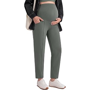 G4Free EverGoing Maternity Work Pants Tapered Ankle Pregnancy Trousers | with Pockets, Vertical Front Seam, Over the Belly, S