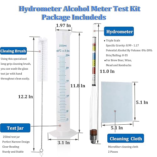 3-Piece Alcohol Hydrometer Set With Thermometer - Wine & Liquor Alcohol Content Tester