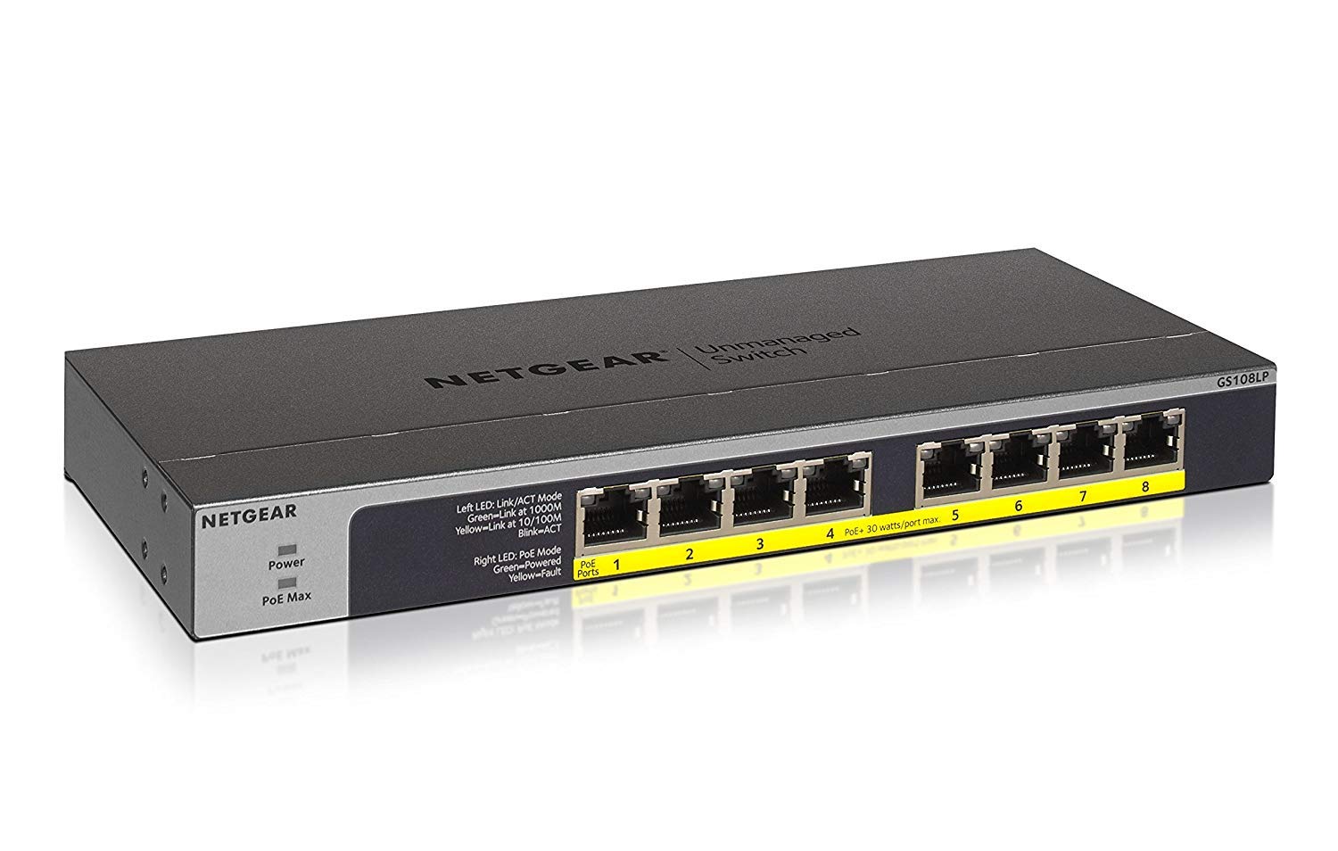 Netgear (Gs108Lp) Switch Ethernet Poe+ 8 Ports Rj45 Gigabit (10/100/1000) , Switch Rj45 Avec 8 Ports Poe+ 60W Upgradables, Position Bureau, Mur Ou Rackable, Et Protection À Vie