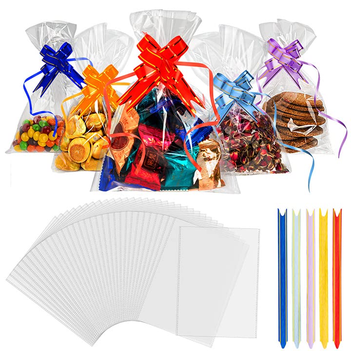 Recon Up Pack of 100 Cellophane Bags - 6x10 inch, Colorful Pull Bows, Clear Gift Bags for Food Storage and Special Occasions