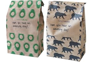 Lunchskins Compostable Paper Lunch Bags Variety Pack – 50 Count | Brown Kraft Paper Sacs with Note Area | 25 Avocado Print + 25 Bear Print Eco-Friendly Lunch and Snack Bags