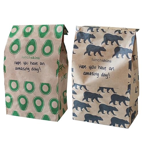 Lunchskins Compostable Paper Lunch Bags Variety Pack – 50 Count | Brown Kraft Paper Sacs with Note Area | 25 Avocado Print + 25 Bear Print Eco-Friendly Lunch and Snack Bags